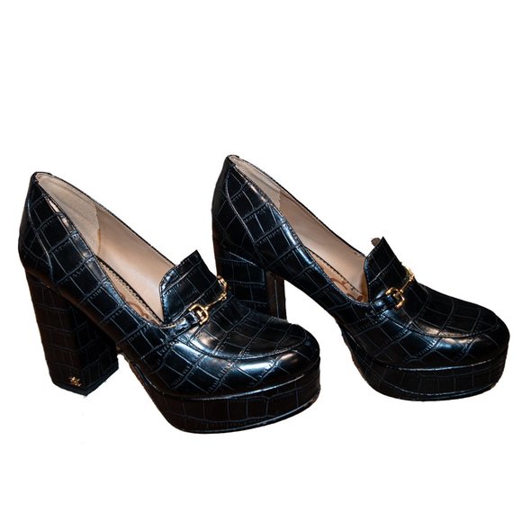 8.5 Black Leather High Heeled Sam Edelman Loafers - Picture 2 of 4